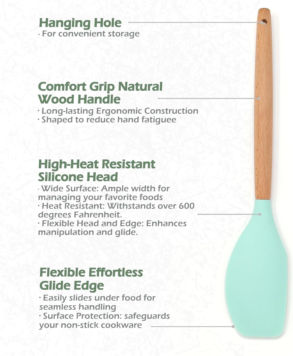 3-Piece Silicone Kitchen Utensil Set - 10" Stainless Steel Tongs, 12.5" Silicone Spatula & Spaghetti Spoon, Heat-Resistant to 500°F, Wood Handles, Non-Scratch, Hanging Loop (Green)