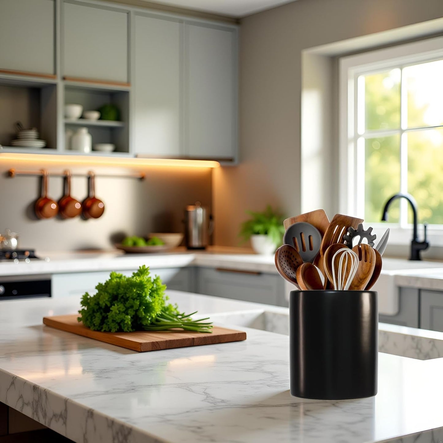 Black Utensils Holder, Caddy Cutlery Holder Silverware, Utensils Organizer Elegant Black Porcelain, Spoon Holder for Party Tableware Holder for Kitchen Table