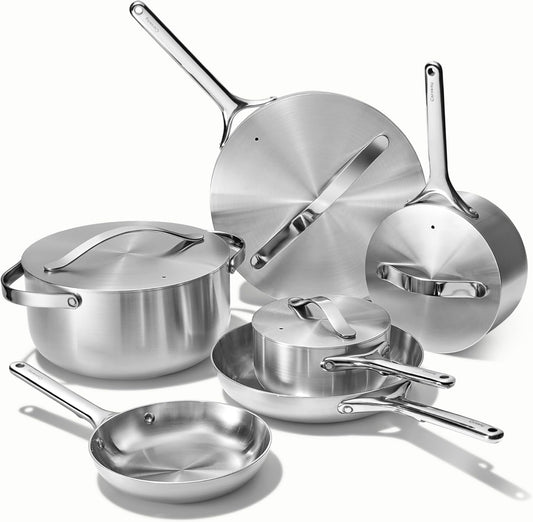 Caraway Stainless Steel Deluxe Cookware Set (16 Piece) - 5-Ply Stainless Steel Pots, Frying Pans, Lids and Kitchen Storage - Non Toxic, PTFE & PFOA Free