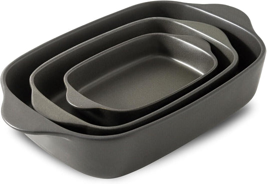 Casserole Dishes for Oven, Stoneware Baking Dishes Set of 3, Ceramic Baking Pan, Deep Rectangular Lasagna Pan, Farmhouse Bakeware Sets for Christmas Gift, (14.9"/12"/8.8"), Matte Black