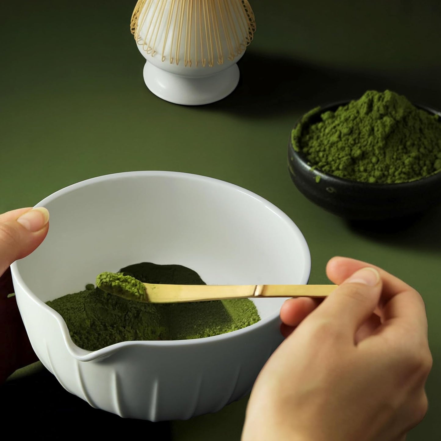 Matcha Whisk Set 7 Pcs - Ceramic Matcha Set with Bowl, Whisk, Holder, Bamboo Scoop, Rest, Sifter, and Tea Towel – Elegant Matcha Kit Gift for Women