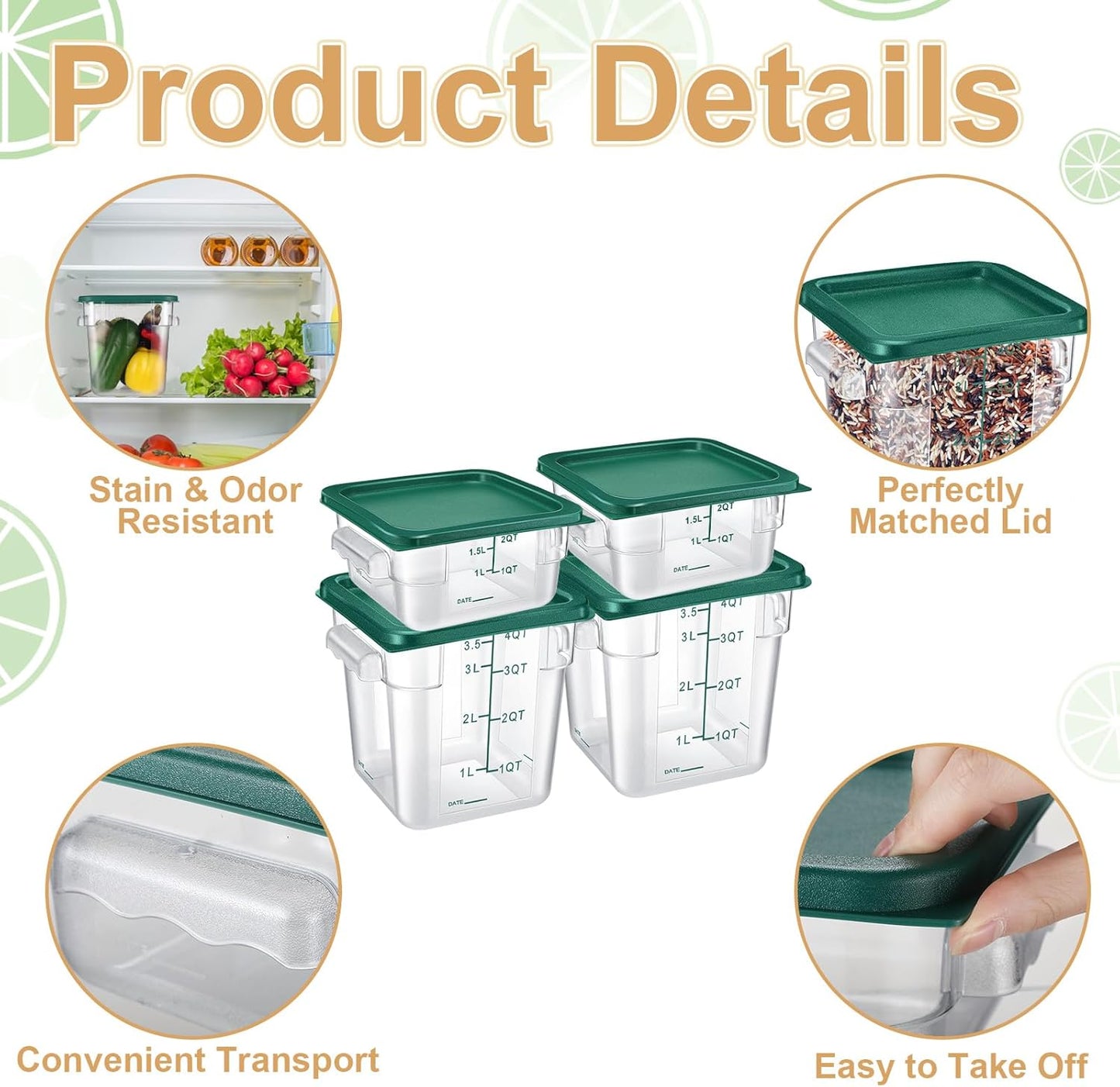 Barydat 4 Pcs Food Storage Container with Lids 2Qt and 4Qt Square Commercial Containers with Scales and Handles Polycarbonate Clear Food Storage for Kitchen Proof Dough Marinating Meat(Green)