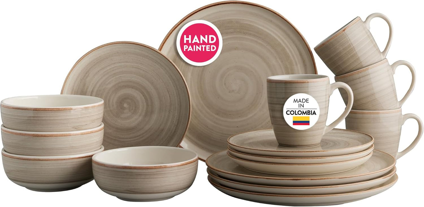 Corona 16-piece Rustic Aestethic Hand-Painted Versatile Ceramic Dinnerware Sets | Plates, Bowls and Mugs | Service For 4 | Gray Caoba
