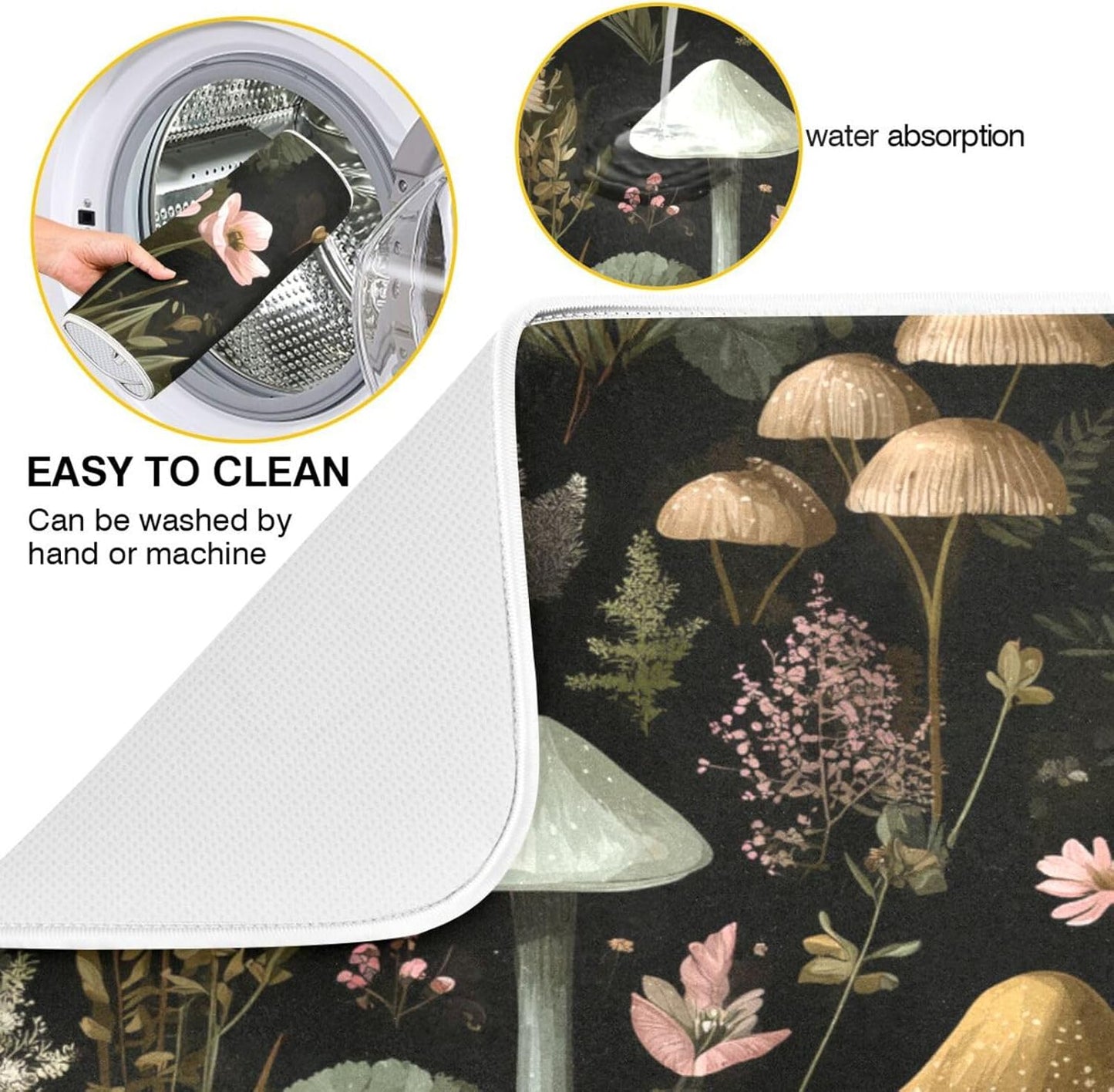 Mushrooms White Pink Flowers Dish Drying Mat for Kitchen Counter Super Absorbent Dishes Pad Reversible Microfiber Protector Dish Draining Mats 18x24 inch