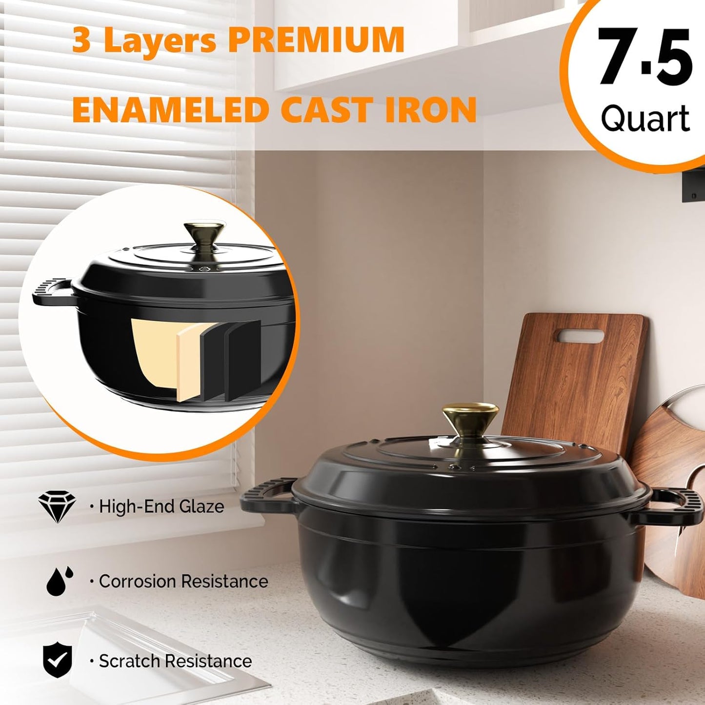 BONNLO 7.5QT Round Dutch Oven, Enameled Cast Iron Dutch Oven Pot with Lid & Dual Handles, Oven Safe Up to 500° F, for Sourdough, Bread Baking, Stews and Roasting (Black)