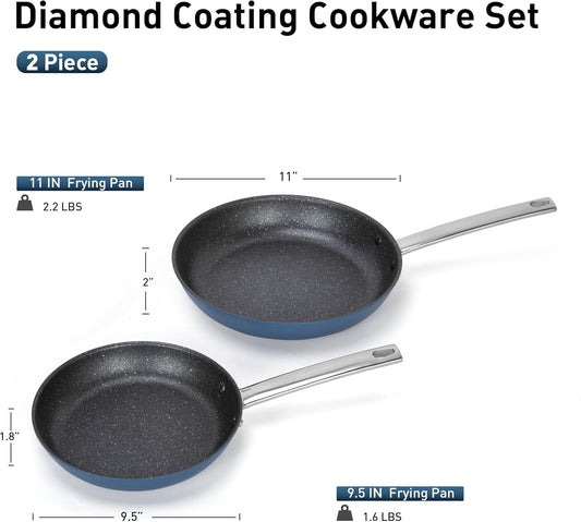 MAISON ARTS Nonstick Frying Pans Set 2 Piece, 9.5" and 11" Skillet with Stainless Steel Handle, Non Toxic Deep Fry Pan, Induction Cookware Sets with Healthy Plasma Titanium Coating