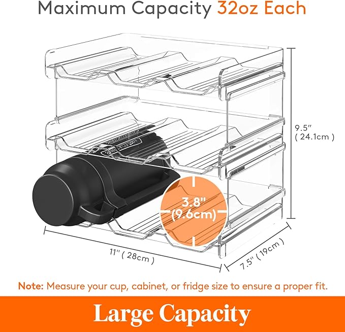 Lifewit Stackable Water Bottle Organizer for Cabinet, Water Bottle Holder, Kitchen Pantry Organization and Storage, Plastic Fridge Wine Racks, Tumbler Travel Mug Cup Holder, 3Pack, Hold 9 Bottles
