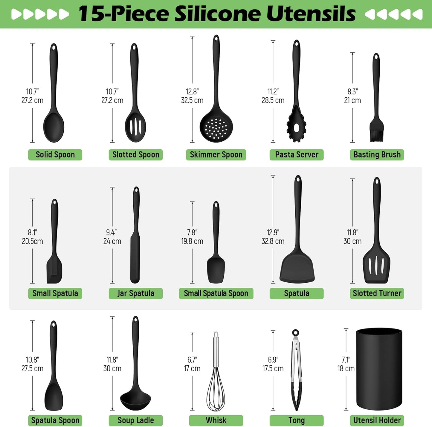 Silicone Cooking Utensil Set, Homikit 15pcs Kitchen Utensils with Holder for Nonstick Cookware, Heat Resistant Nontoxic Silicone Spatula Set Dishwasher Safe Kitchen Tools for Baking-Black