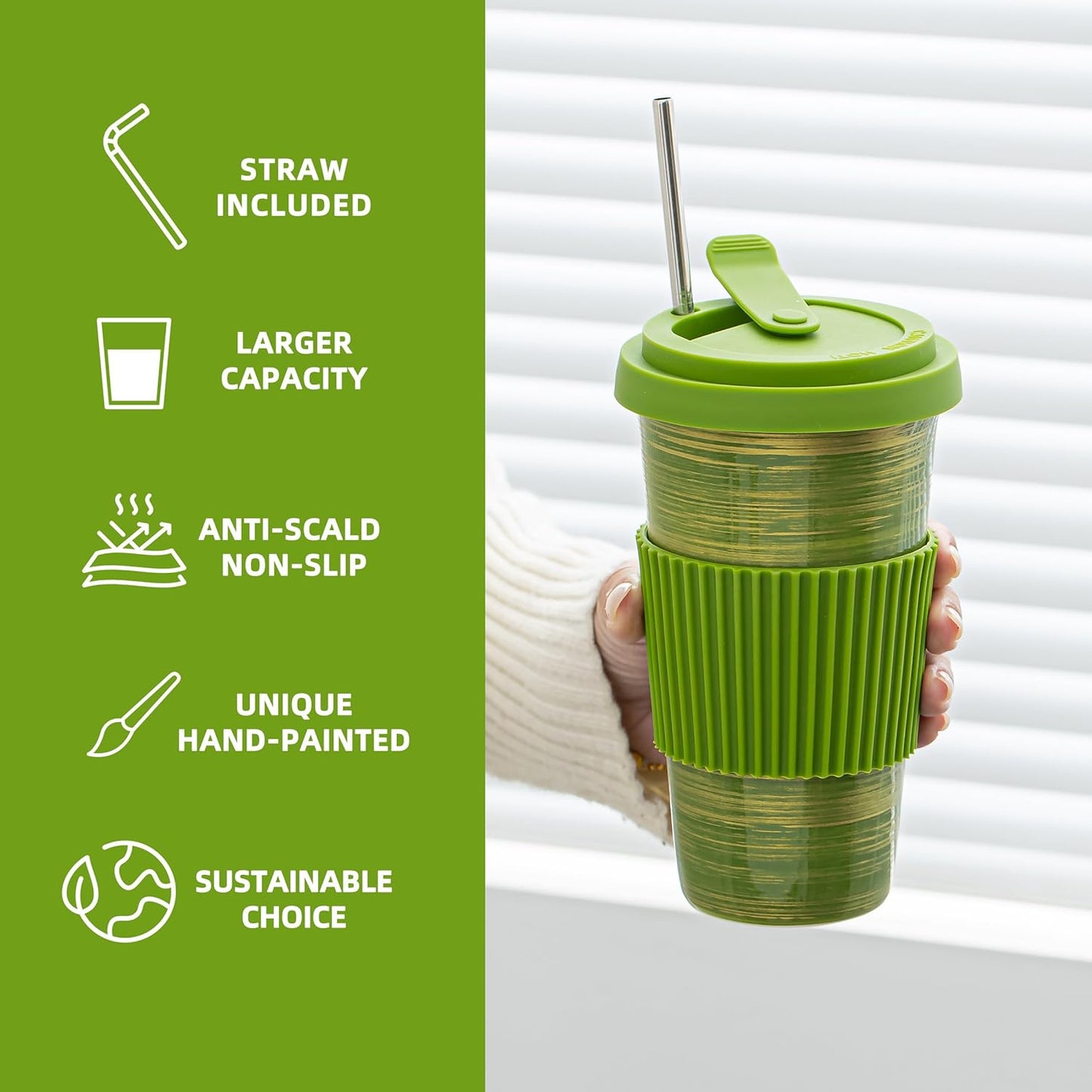 Travel Coffee Mug Green, Ceramic Coffee Mug With Lid And Drinking Straw(15oz/450ml), Handcrafted Novelty Travel Mugs, Microwave & Dishwasher Safe Tumbler With Lid, Unique Gifts