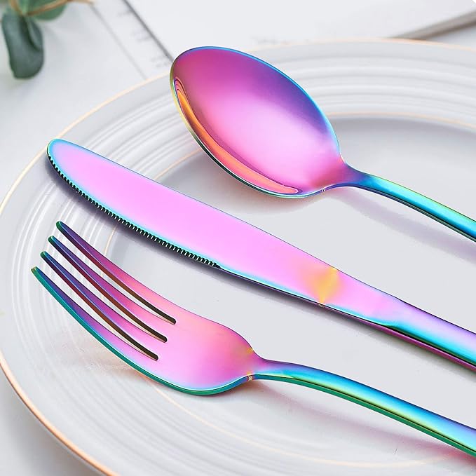 LIANYU Rainbow Flatware Cutlery Set, 20 Piece Stainless Steel Colorful Silverware Set for 4, Tableware Eating Utensils, Mirror Finish, Dishwasher Safe