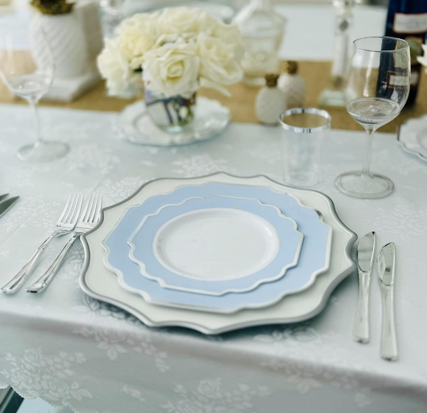 " OCCASIONS " 240 Plates Pack (120 Guests) Heavyweight Wedding Party Disposable Plastic Plates Set -120 x 10.5'' Dinner + 120 x 8'' Salad/Dessert Plate (Imperial in White/Blue & Silver)