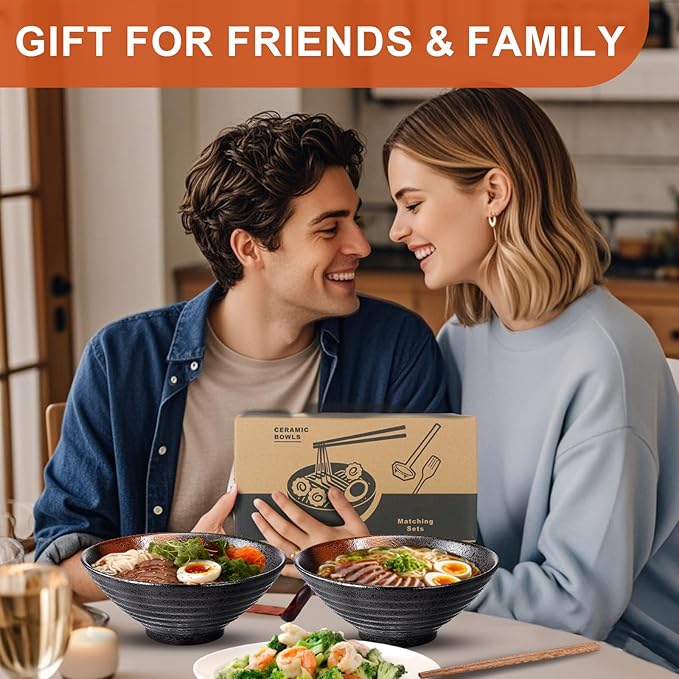8-Inch Ceramic Ramen Bowl Set of 2 (9 Piece) - Porcelain Japanese Salad Noodles Cereal Fruit Pasta Soup Large Bowls with Recipes Chopsticks Forks Spoons for Men Women Gift Microwave & Dishwasher Safe