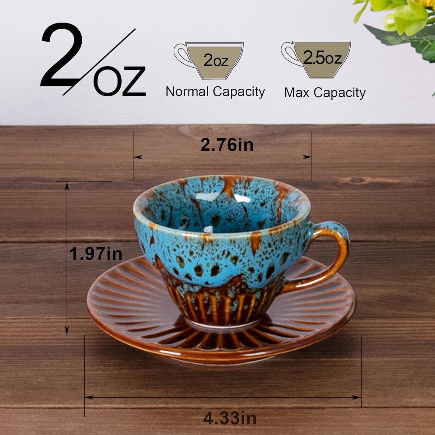 2 oz Espresso Cups Set of 2, Ceramic Cappuccino Cups with Saucers, Durable Porcelain Tea Set & Modern Coffee Cup Collection, Coffee Lover Gifts, Glazed Blue