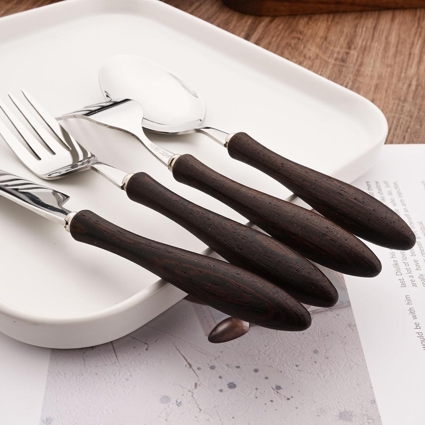 304 Stainless Steel Flatware Silverware Set with Wooden Handles, Rustic Tableware Cutlery Set for 6, Natural Wood Grain Knives Forks Spoons Set, (24 PCS, Wenge Wood Handle)