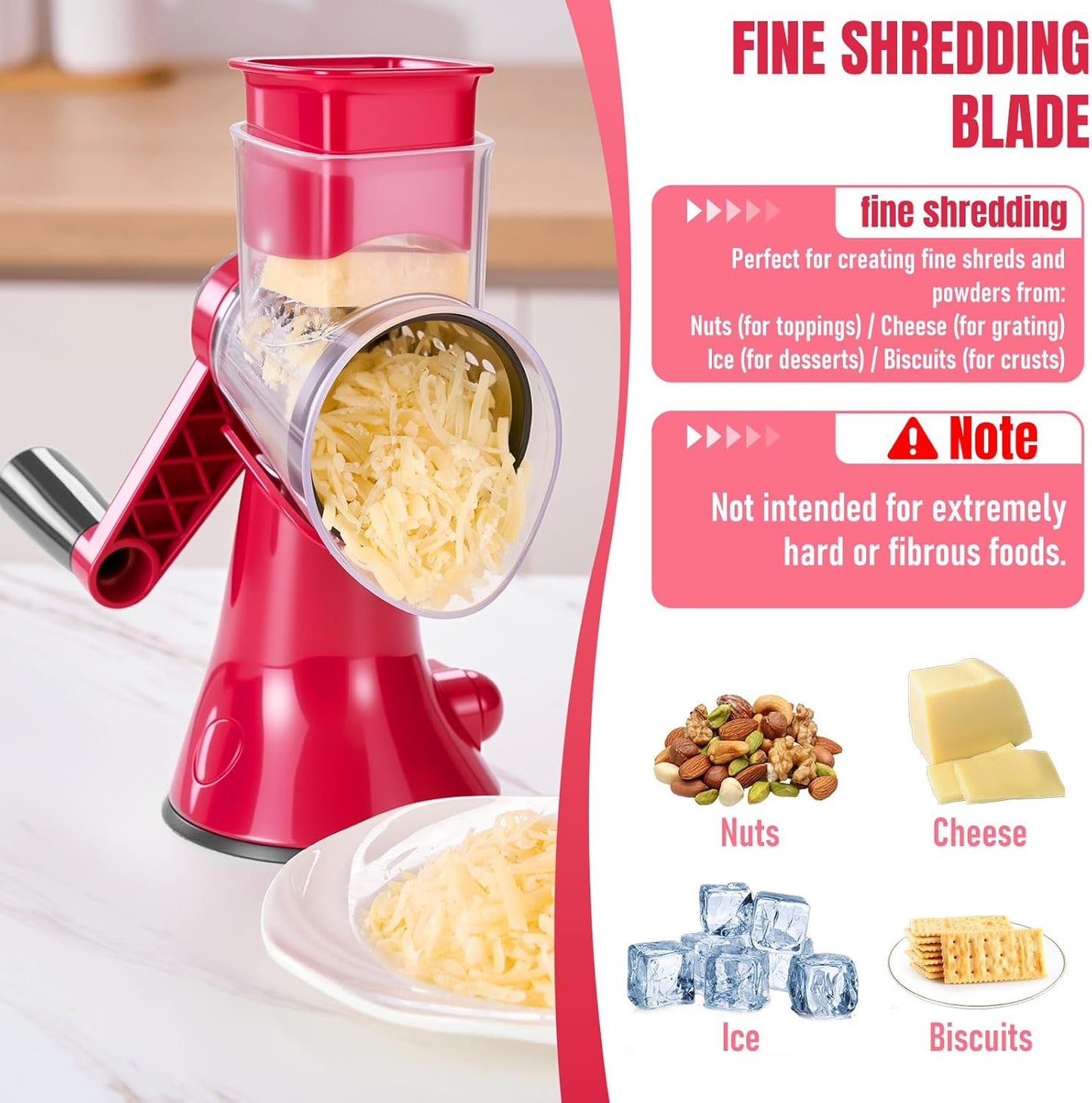 Rotary Cheese Grater & Vegetable Slicer, 3 in 1 Kitchen cheese Shredder Interchangeable Blades with 3 Stainless Steel Blades & Strong Suction Base, Easy Clean Food Grinder for Cheese, for Fruit