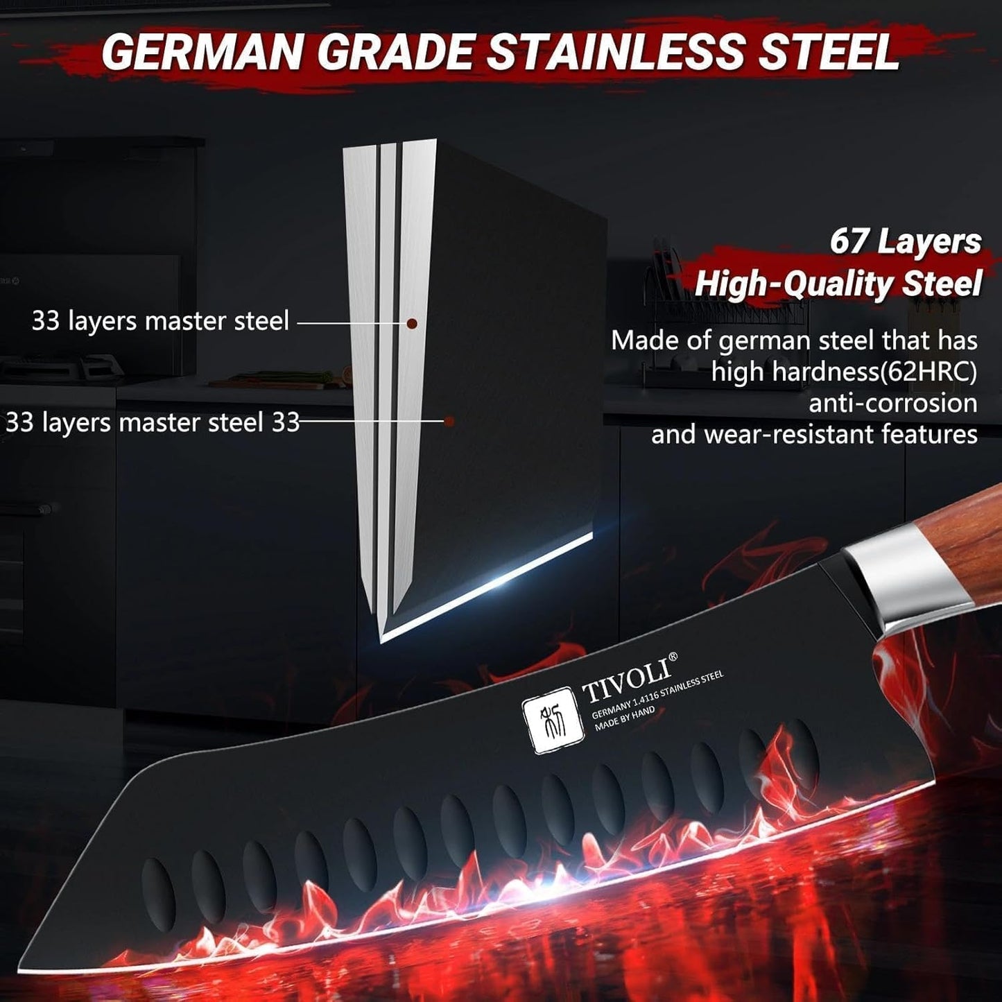 TIVOLI Santoku Knife, 7 Inch Professional Chef Knife, High Carbon Steel Ultra Sharp Deep Cooking Knife with Full Tang Ergonomic Wood Handle, Gift for Men Women Christmas