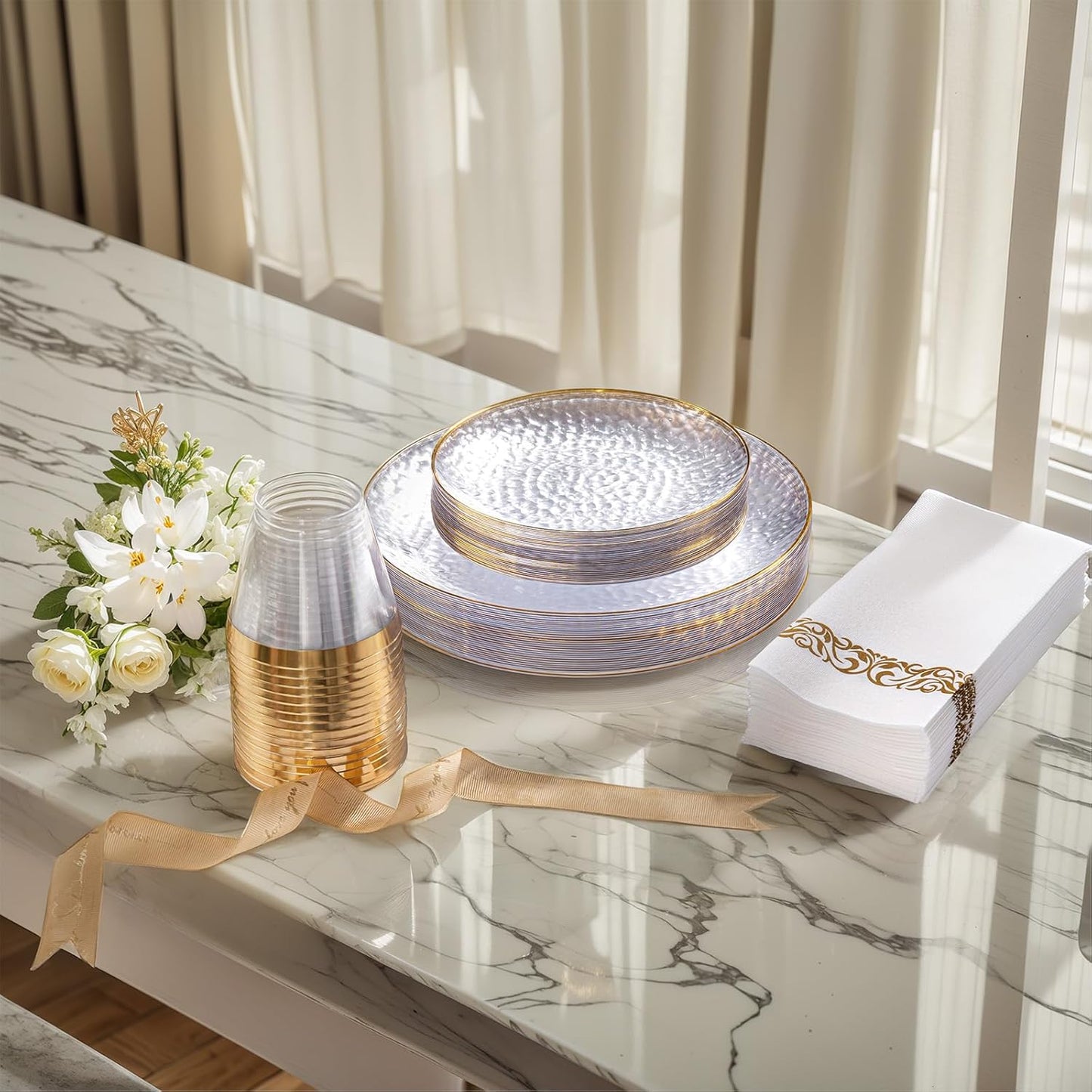 DaYammi 175PCS Clear Gold Plastic Dinnerware Set, Thanksgiving Plates Disposable Hammered Disposable Plates for Party, Include: 25 Dinner Plates 25 Dessert Plates 75 Gold Silverware 25 Napkins 25 Cups