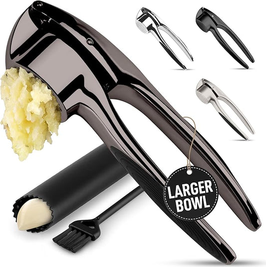 Zulay Kitchen Large Premium Garlic Press Set – Rust Proof & Dishwasher Safe, Bigger Bowl Garlic Mincer Tool with Silicone Garlic Peeler & Brush, Easy Squeeze & Clean, Ergonomic Handle - Dark Gray