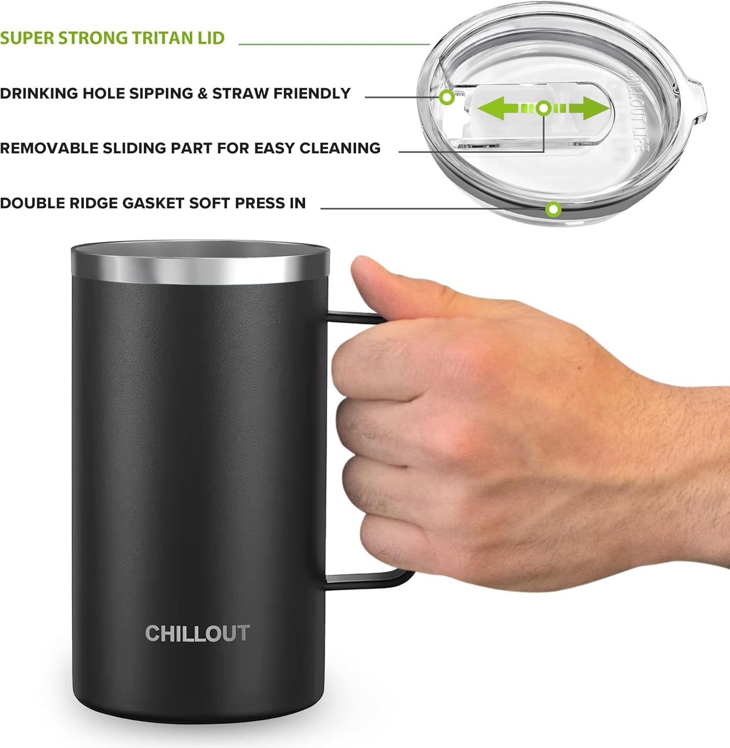 CHILLOUT LIFE Stainless Steel 20 oz Vacuum Insulated Coffee Mug with Handle and Lid, Large Thermal Camping Coffee Mug Cup with Durable Sliding Lid for Men & Women, Keeps your Beverages Hot/Cold
