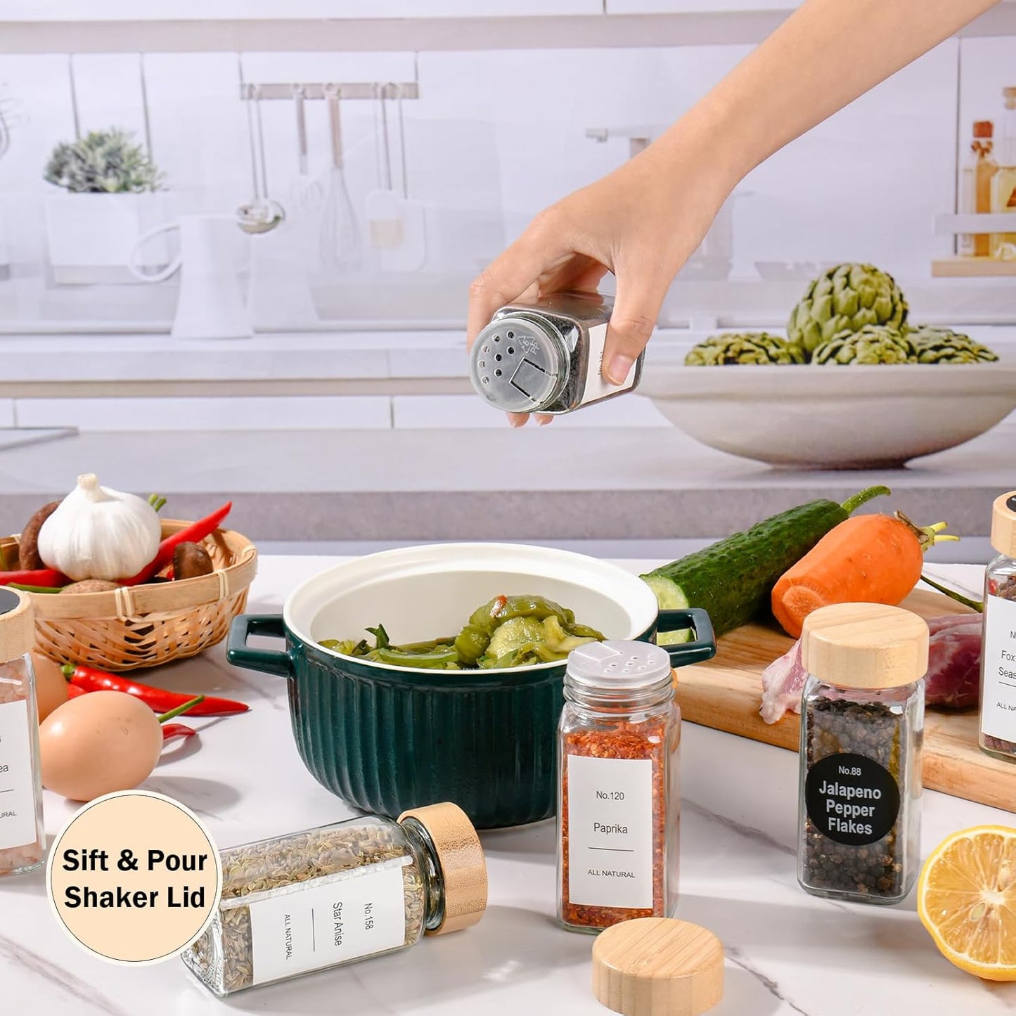 24 Pcs Glass Spice Jars Bamboo Lids with Spice Drawer Organizer Set, 4 Tier-8 Pack Acrylic Expandable Spice Rack , 396 Spice Labels, Seasoning Containers Organization for Kitchen Cabinet Countertop