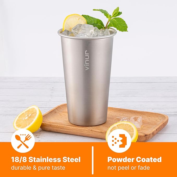 VINUR 4 Pack Stainless Steel Cups 20 oz Pint Tumbler Stackable Metal Drinking Glasses for Travel, Camping, Outdoors (Silver)