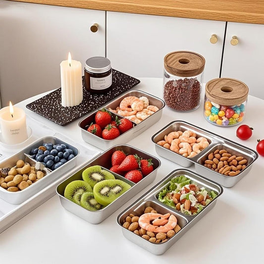 3 Pack Stainless Steel Snack Containers with Lids, Leak Proof Easy Open Snack Box Container for Adults, Reusable Food Storage Containers with 2 Compartment for Travel, Camping, Work, Outdoor