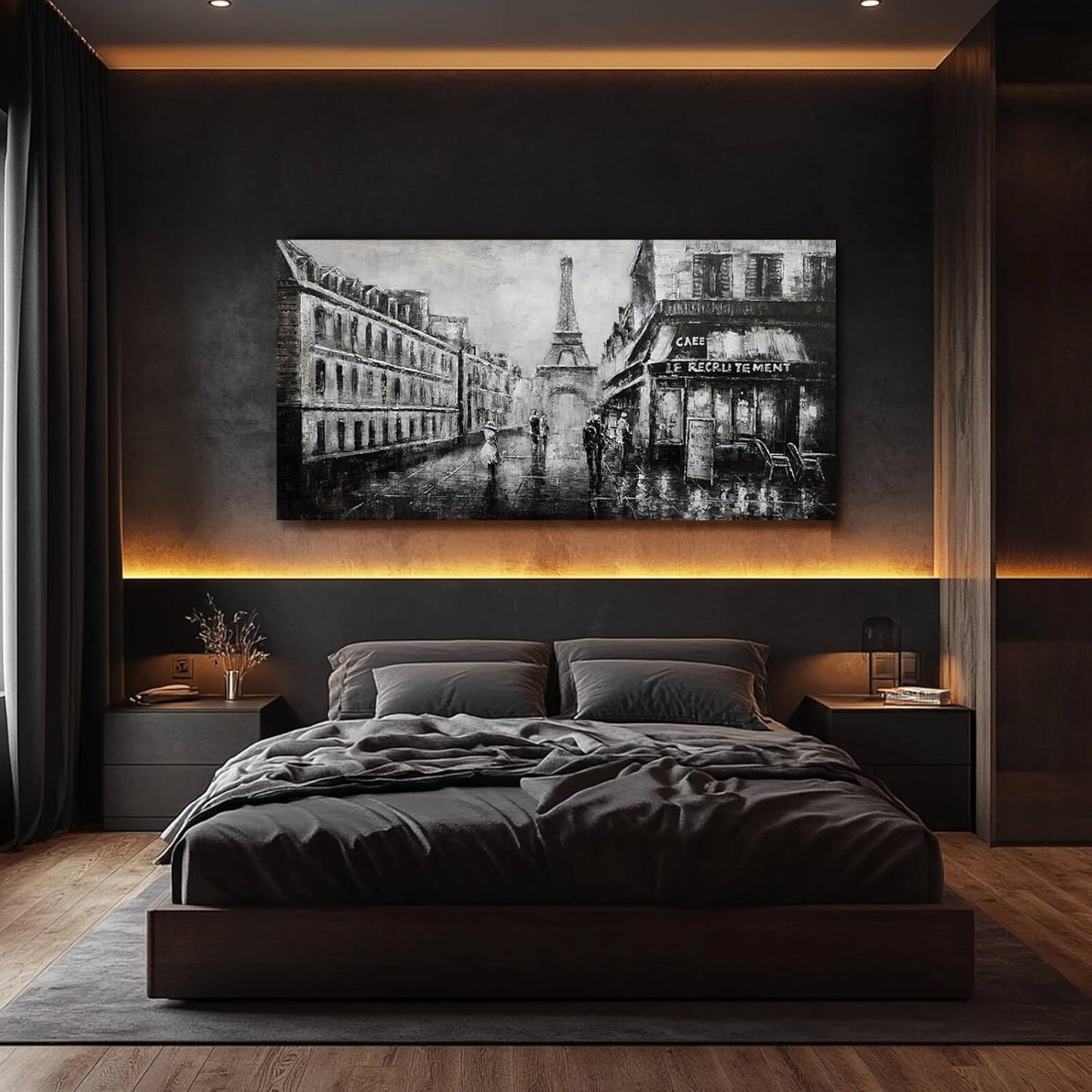 Black Wall Art Large Wall Decor Paris Pictures Eiffel Tower Wall Art for Living Room Notre Dame Cathedral Artwork City Art for Walls Girl And Women Wall Decorations 29"x58"