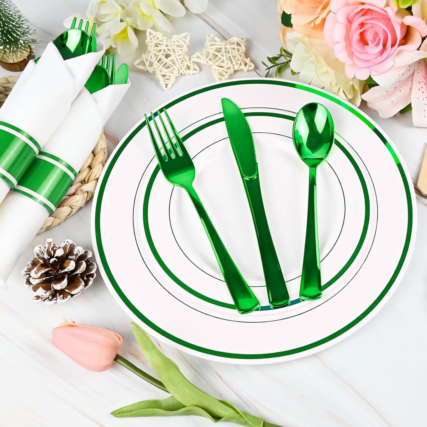 100Pack Pre Rolled Green Plastic Silverware - Wrapped Green Disposable Cutlery with Napkins, Pre Rolled Plastic Cutlery Set, Disposable Silverware with Dinner Napkins for St Patrick's Day