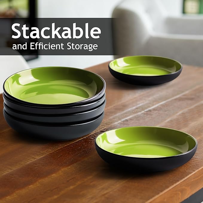 MIAMIO – 30 Oz / 8.6 Inch Set of 6 Pasta Bowls/Salad Bowls, Pasta Plates Wide and Shallow Bowl, Large Ceramic Stoneware Deep Plate Serving Soup - Le Papillon Collection (Green)