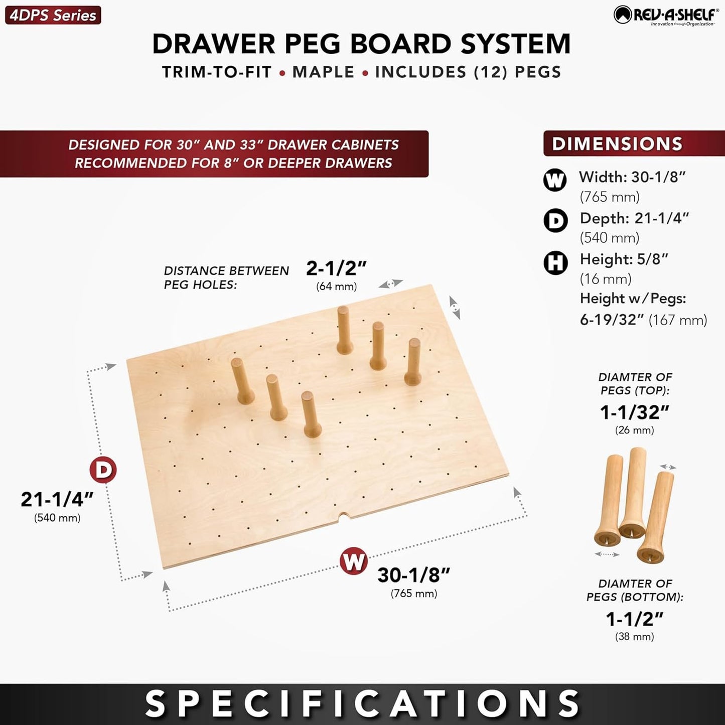 Rev-A-Shelf Trimmable Pegboard Drawer Divider Organizer, Trim to Fit Wooden Kitchen Cabinet Storage Utensil, Pots & Dish Rack, 30" x 21", 4DPS-3021