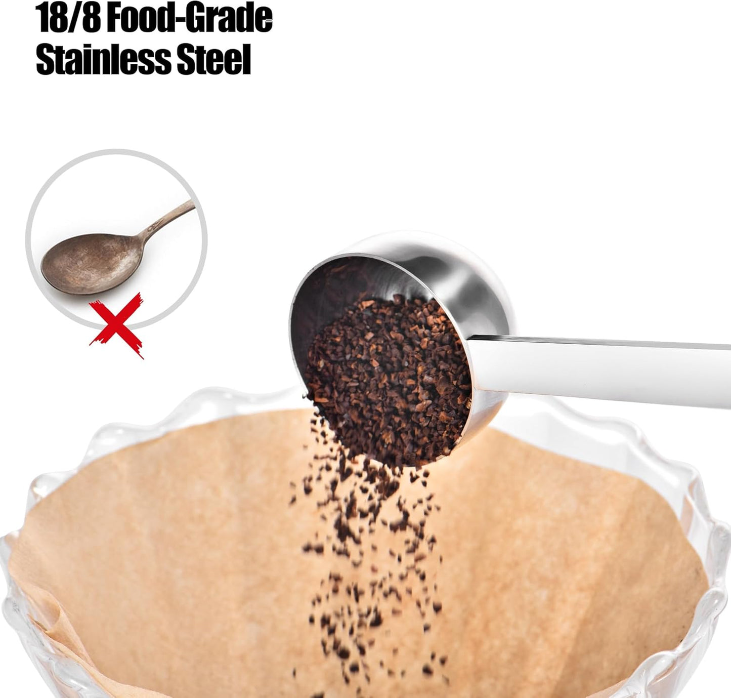 18/8 Stainless Steel Coffee Scoops, Doosu Food-Grade Metal Measuring Spoons with 8.5in Long Handle, Tablespoon Scooper for Coffee Beans, Ground Coffee, Espresso, Protein Powders, Tea (1 & 2 Tbsp)