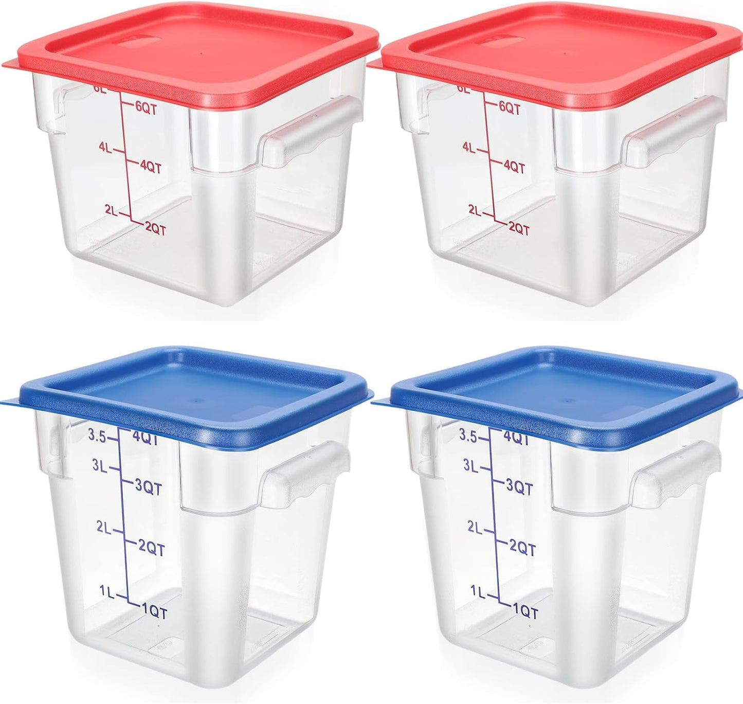 Lallisa 4 Pcs 8 Qt and 4 Qt Clear Food Storage Containers with Lids, Handles and Scales, Commercial Grade Square Containers Polycarbonate Air Tight for Home Storage Kitchen Restaurant(Red, Blue)