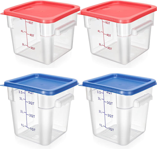Lallisa 4 Pcs 8 Qt and 4 Qt Clear Food Storage Containers with Lids, Handles and Scales, Commercial Grade Square Containers Polycarbonate Air Tight for Home Storage Kitchen Restaurant(Red, Blue)