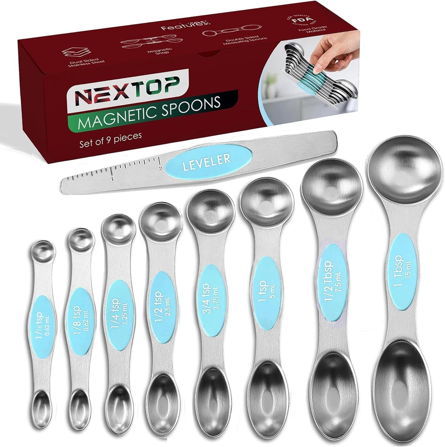 Magnetic Measuring Spoons Set of 9 Stainless Steel Dual-Sided Stackable Measuring Spoon Nesting Teaspoons Measuring Dry and Liquid Ingredients, Fits in Spice Jars Set of 9 (Blue Aqua Sky)