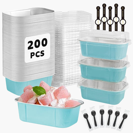 Mini Cake Pans With Lids And Spoons,5.5 oz Rectangle Mini individual Loaf Pans Disposable Aluminum Foil Small Baking Cups Tins (200, Wathet)