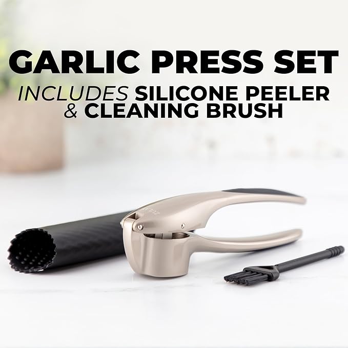 Zulay Kitchen Large Premium Garlic Press Set – Rust Proof & Dishwasher Safe, Bigger Bowl Garlic Mincer Tool with Silicone Garlic Peeler & Brush, Easy Squeeze & Clean, Ergonomic Handle - Silver