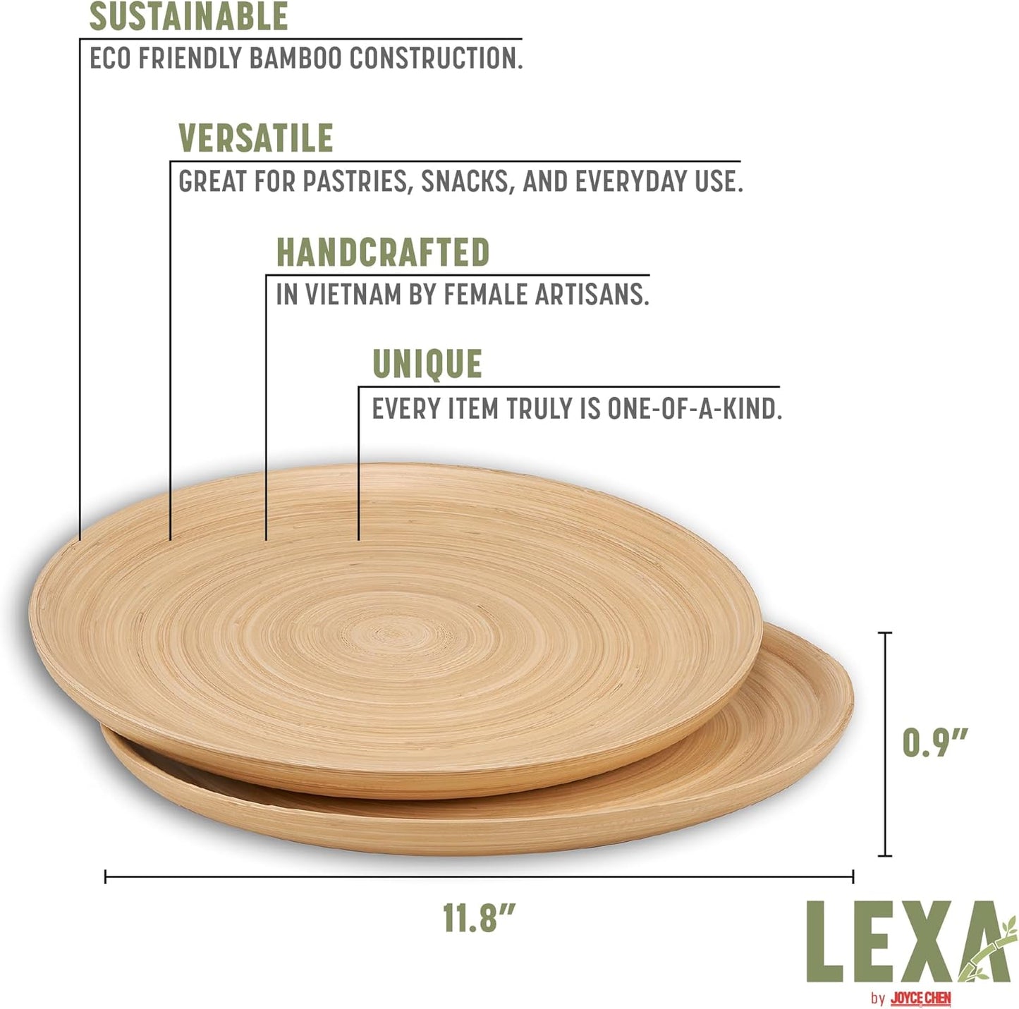 LEXA 12" Handcrafted 2PCs Bamboo Round Wooden Serving Tray For Serving Food - Small Wooden Tray For Ottoman Coffee Table Tray - Charcuterie Wood Trays Home Decor - Decorative Tray For Kitchen Counter