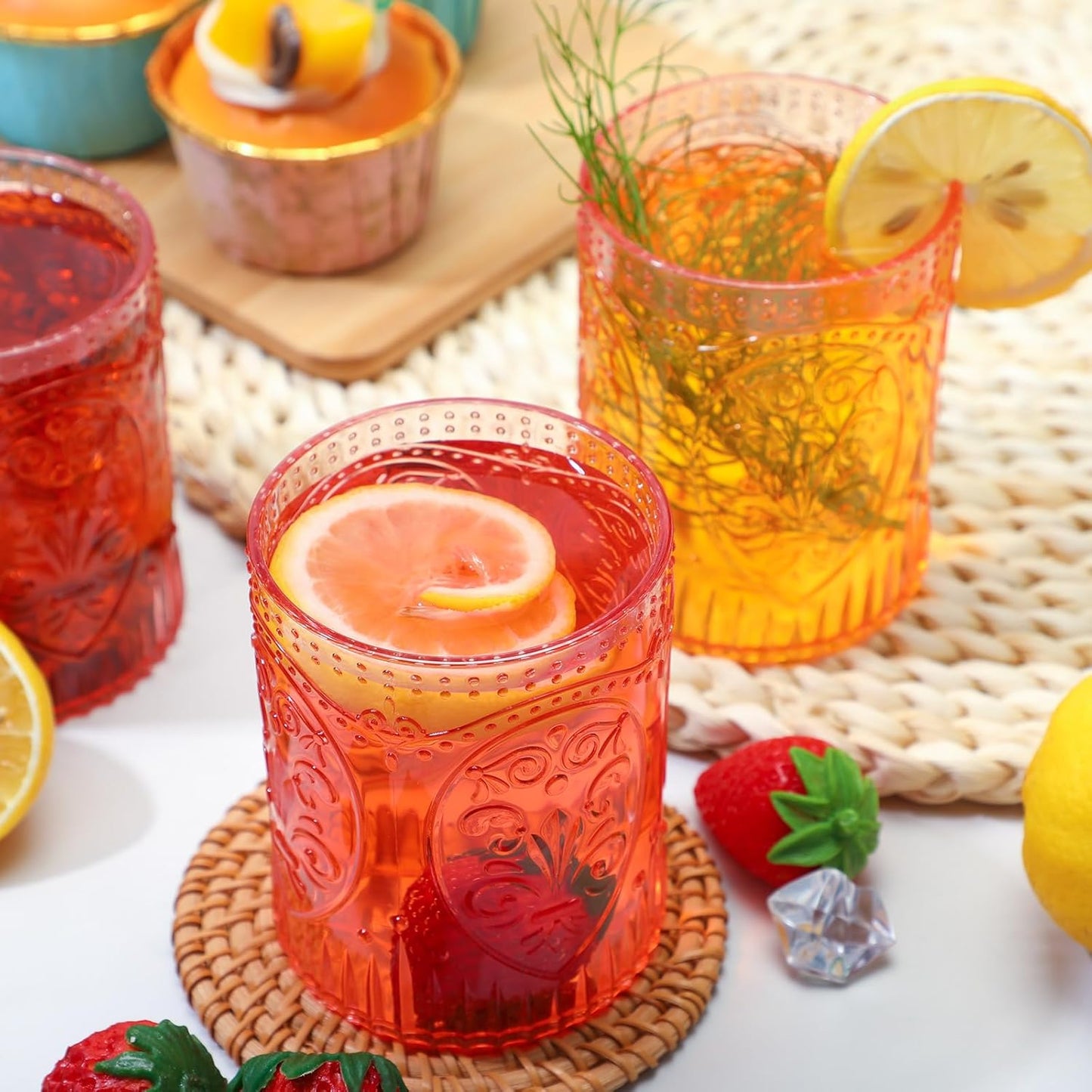 12 Plastic Vintage Drinking Glasses 8.5oz Stemless Retro Embossed Wine Glasses Shatterproof Reusable Cups for Baby Shower Wedding Reception Grand Event Party (Pink)