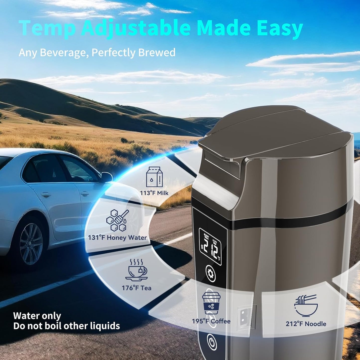 Car Electric Kettle for Travel : FVPE 12V/24V Small Electric Water Kettle, Multi-Temp Control 400 mL Portable Car Water Boiler for Brewing Coffee Tea,LCD Display 304 Stainless Steel Truck Heating Cup
