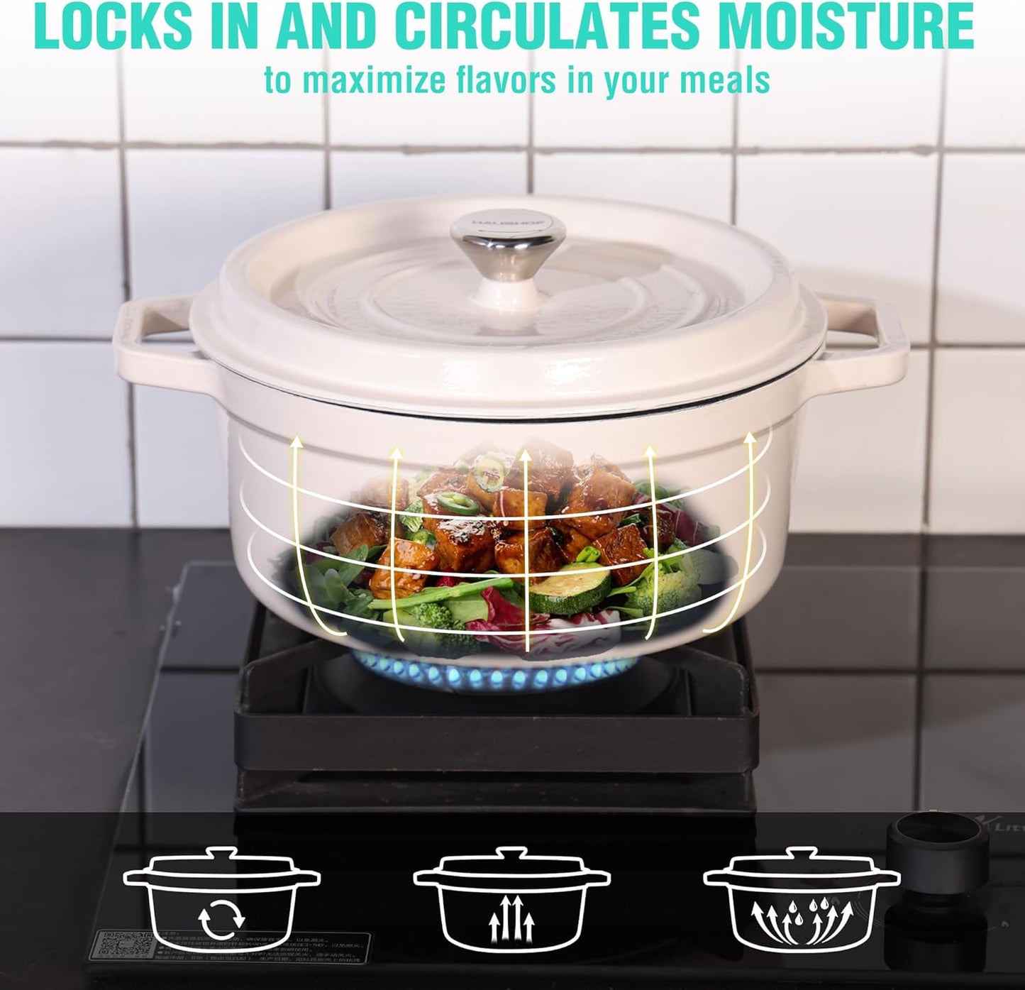 HAUSHOF 5.3QT Enameled Cast Iron Dutch Oven with Lid, Non-Stick Pot for Sourdough Bread Baking, Stewing, Rosting, Oyster White