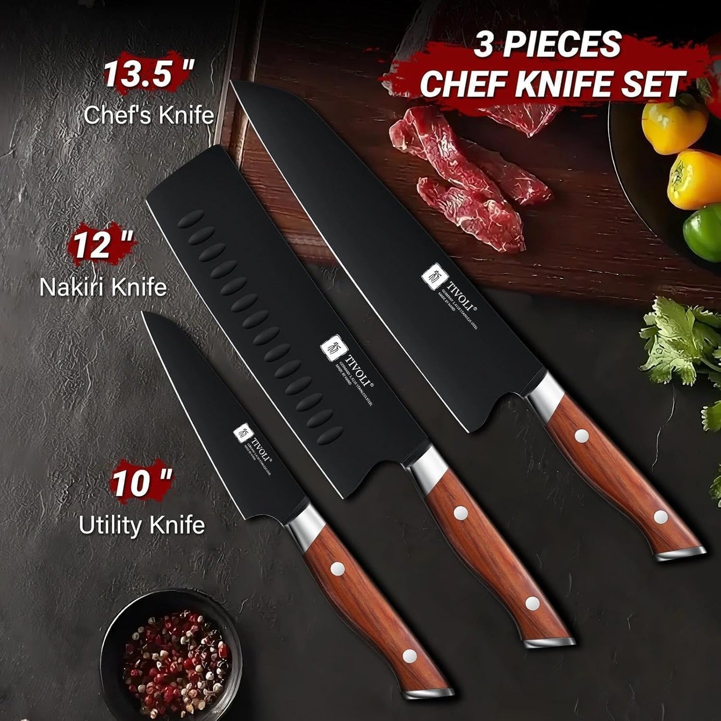 TIVOLI Chef Knife Set, Professional 3PC Kitchen Knife Set, High Carbon Steel Ultra Sharp Deep Cooking Knife Set with Ergonomic Wood Handle for Meat Vegetable Fruit, Dad Mom Gift