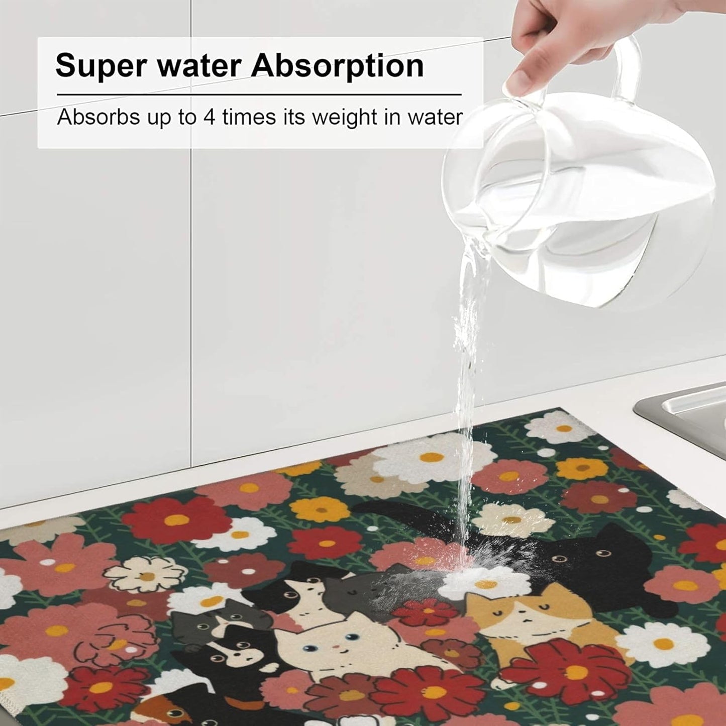 Cute Cat Flowers Dish Drying Mat 16x18 Inch, Microfiber Absorbent Fast Dry Mat Colorful Floral Large Dish Mat Drying Kitchen Mat, Kitchen Drying Pad for Kitchen Counter Coffee Bar Decor Gifts