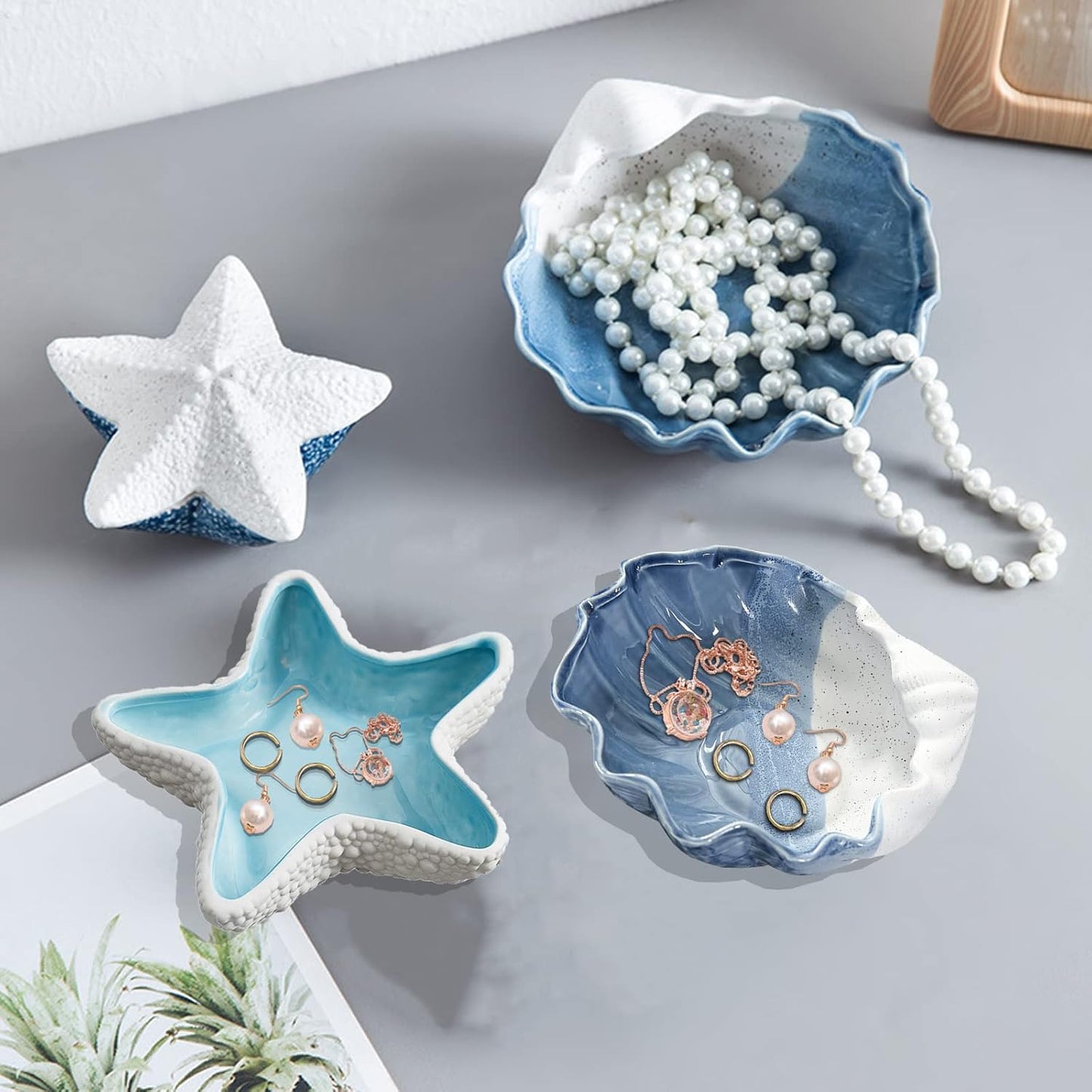 Shell Ring Holder for Jewelry, Ceramic Jewelry Tray, Candy Dishes Trinket Tray, Jewelry Tray Jewelry Plate Small Key Bowl for Entryway Table Birthday Home Party Decor (J STYLE)