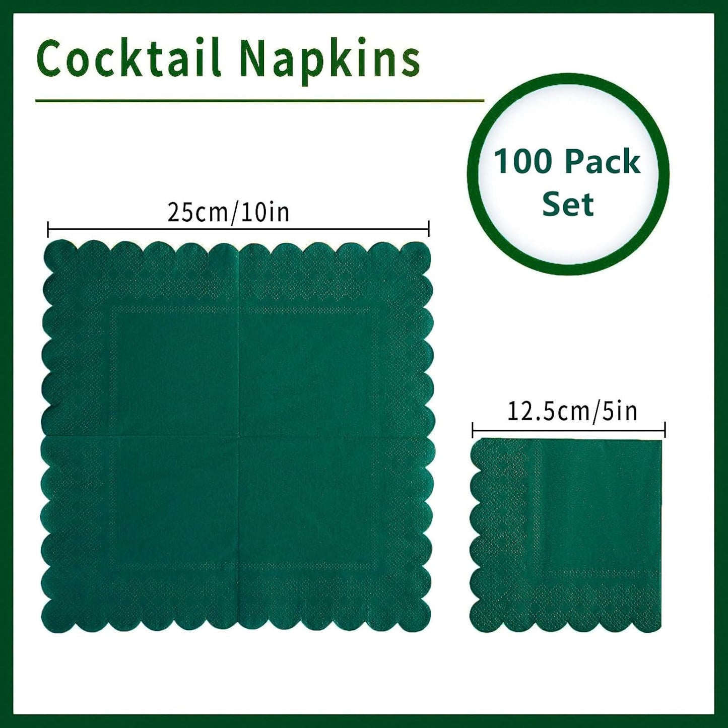 100 Pack Cocktail Napkin 2-Ply Scalloped Edged Dessert Napkins Folded 5 x 5 Inches Disposable Napkins for Dinner Wedding Birthday Party Bridal Anniversary Reception Event (Dark Green)