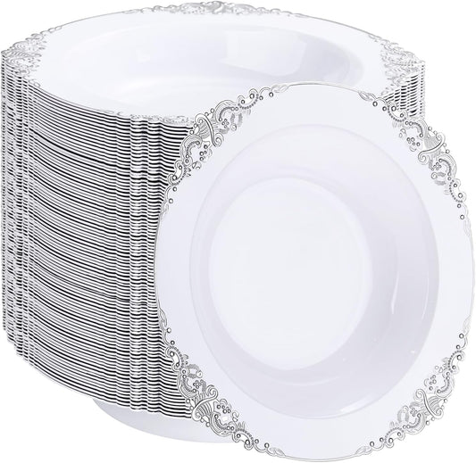 100PCS Silver Plastic Bowls - 12 oz Silver Disposable Salad Bowls - Heavy Duty Disposable Soup Bowl - Fancy Plastic Ice Cream Bowl for Weddings Parties Dinners Picnics