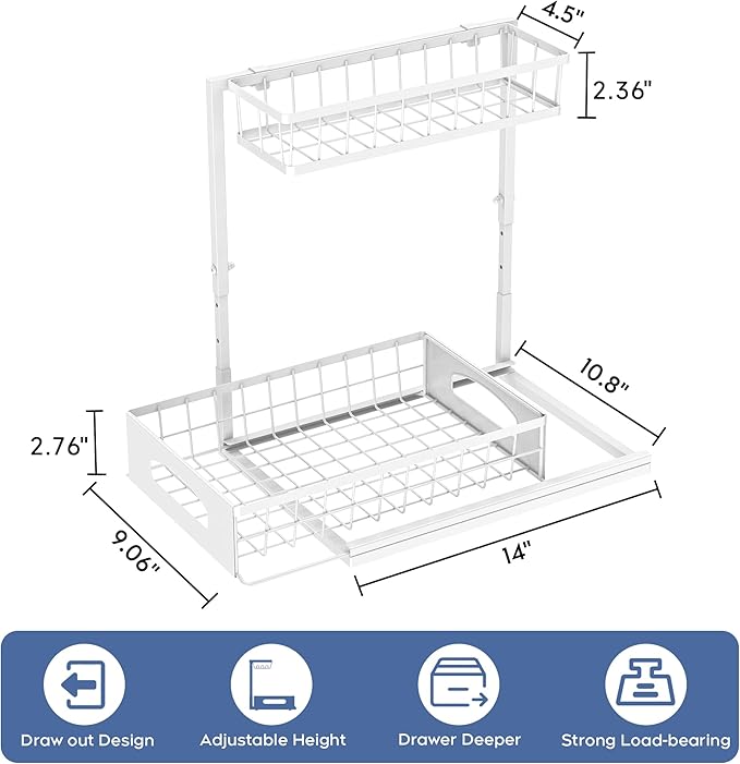 Under Sink Organizer, 2 Pack Height Adjustable Cabinet Organizer with Slide Out Drawer, Pull Out Under Sink Storage, Multi-Purpose 2 Tier Sink Shelves for Kitchen Bathroom Pantry (White, 2 Pack)