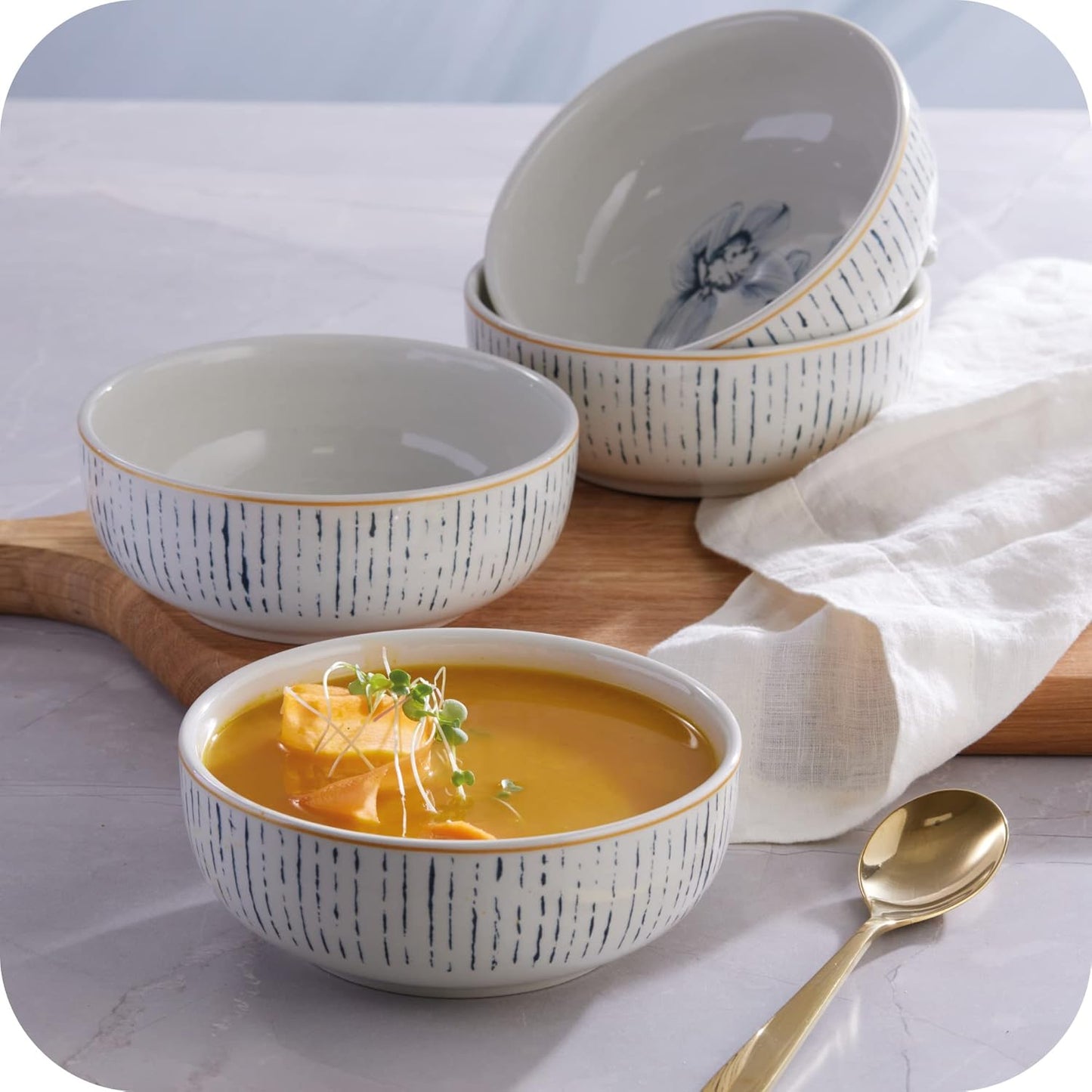 Corona 4 dinnerware Bowls Set | Cattleya 21oz | Service for 4 | Ceramic | Floral design | Set 4 Bowls | Cerámica