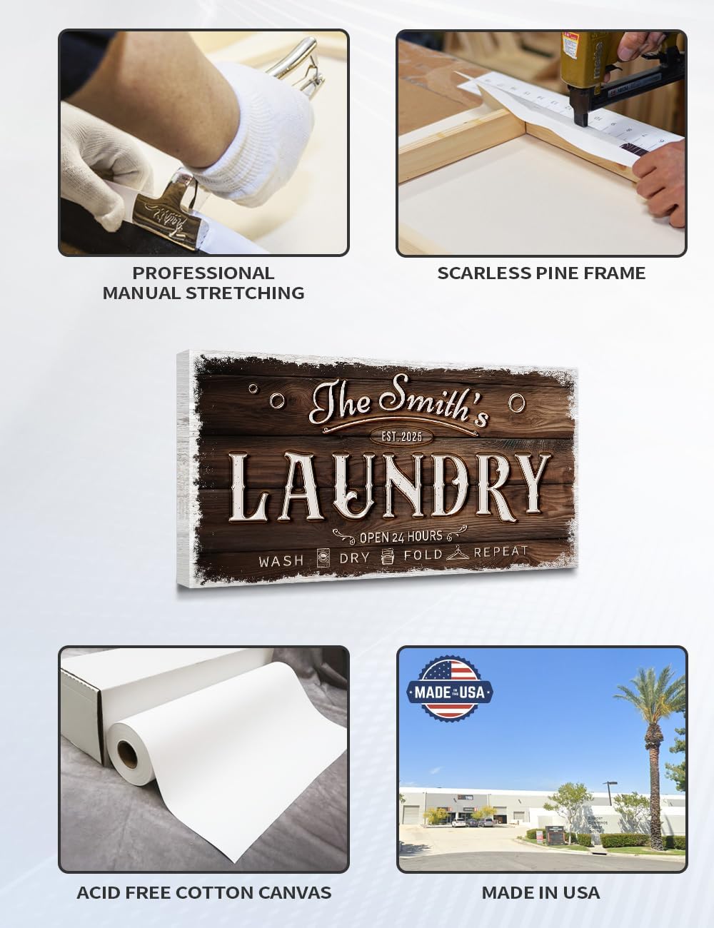 IPIC - Personalized Laundry Room Sign, Custom Canvas Wall Art with Family Name, Rustic Home Decor Printed Acid-Free Cotton Canvas for Business and Home, Made in USA and Ready to hang for Laundry Decor