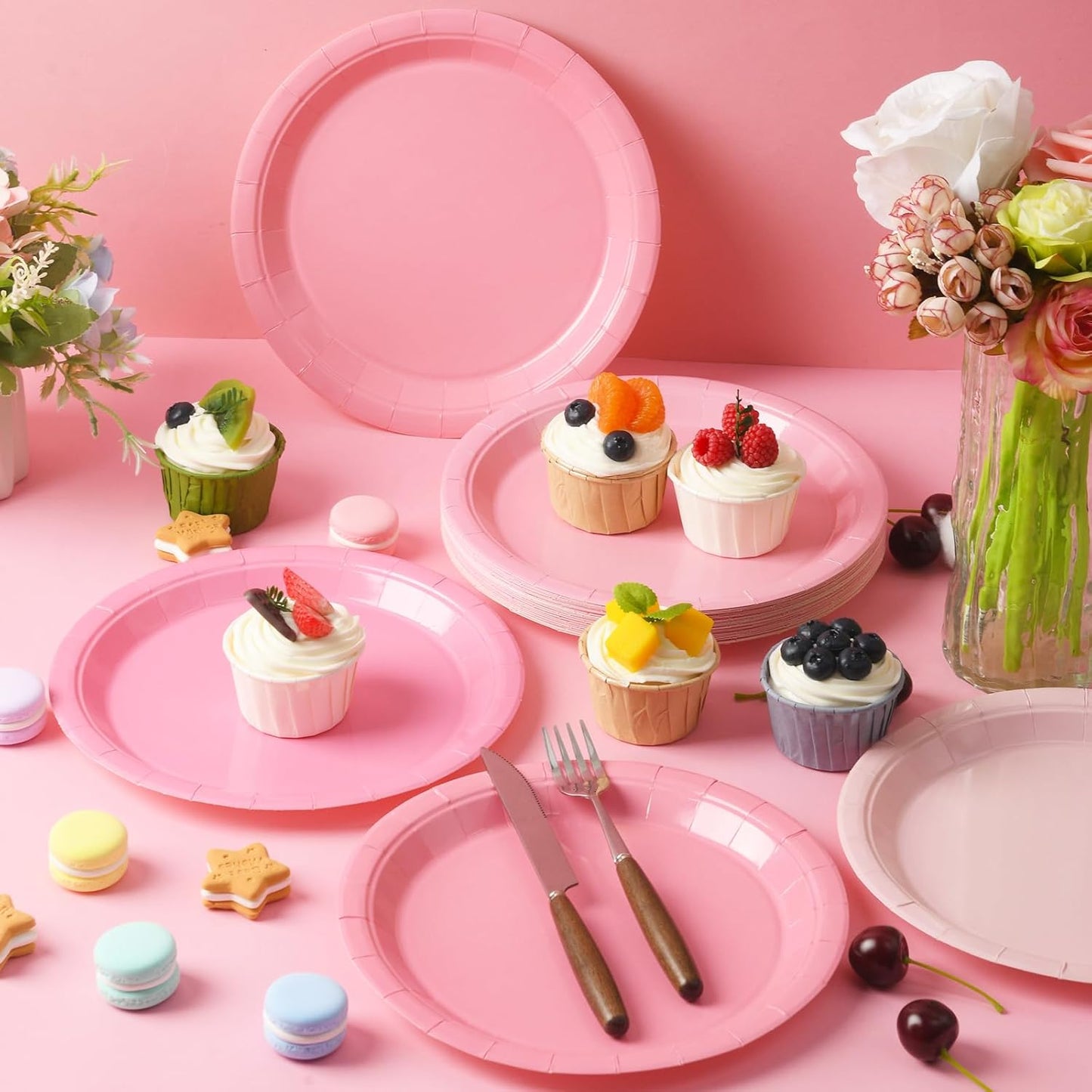 48 Pcs Pink Party Disposable Paper Plates, 9" Cute Pink Dessert Baby Bridal Shower Dinner Birthday Cake Paper Plates for Party Bridal Baby Girl Shower Wedding Supplies