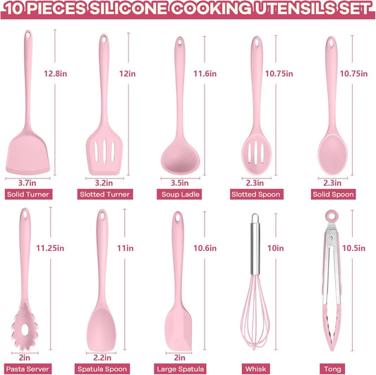 TeamFar Kitchen Cooking Utensils, 10 pcs Silicone Cooking Utensils Set, 446°F Heat Resistant Kitchen Gadgets Tools Set w/Spatula, Turners, Spoons, Soup Ladle, Pasta Server for Nonstick Cookware, Pink